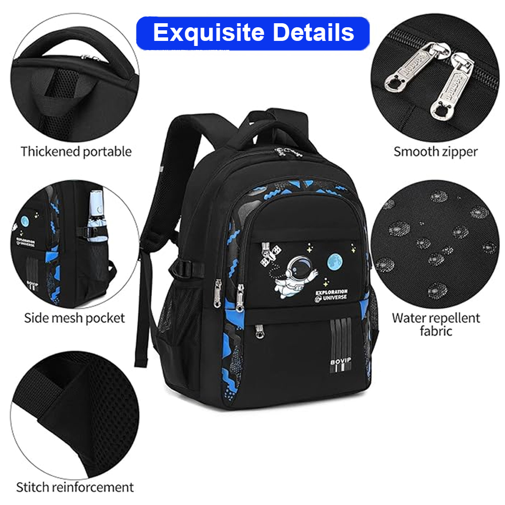Star Babies - School Backpack With Eco Friendly - BPA Free Lunch Box, Stainless Steel Water Bottle 600ml - Black