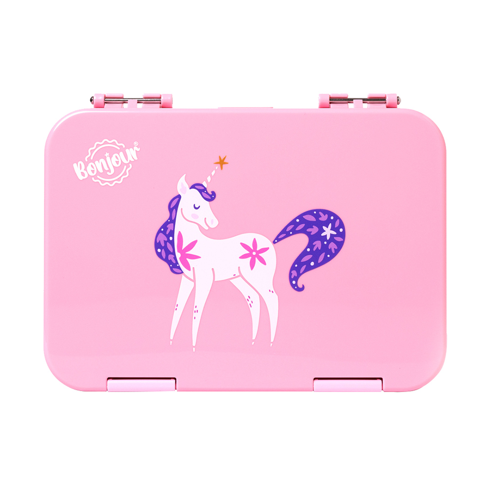 Bonjour - 4/6 Compartment Dual Lock Snax Box - Pink Unicorn