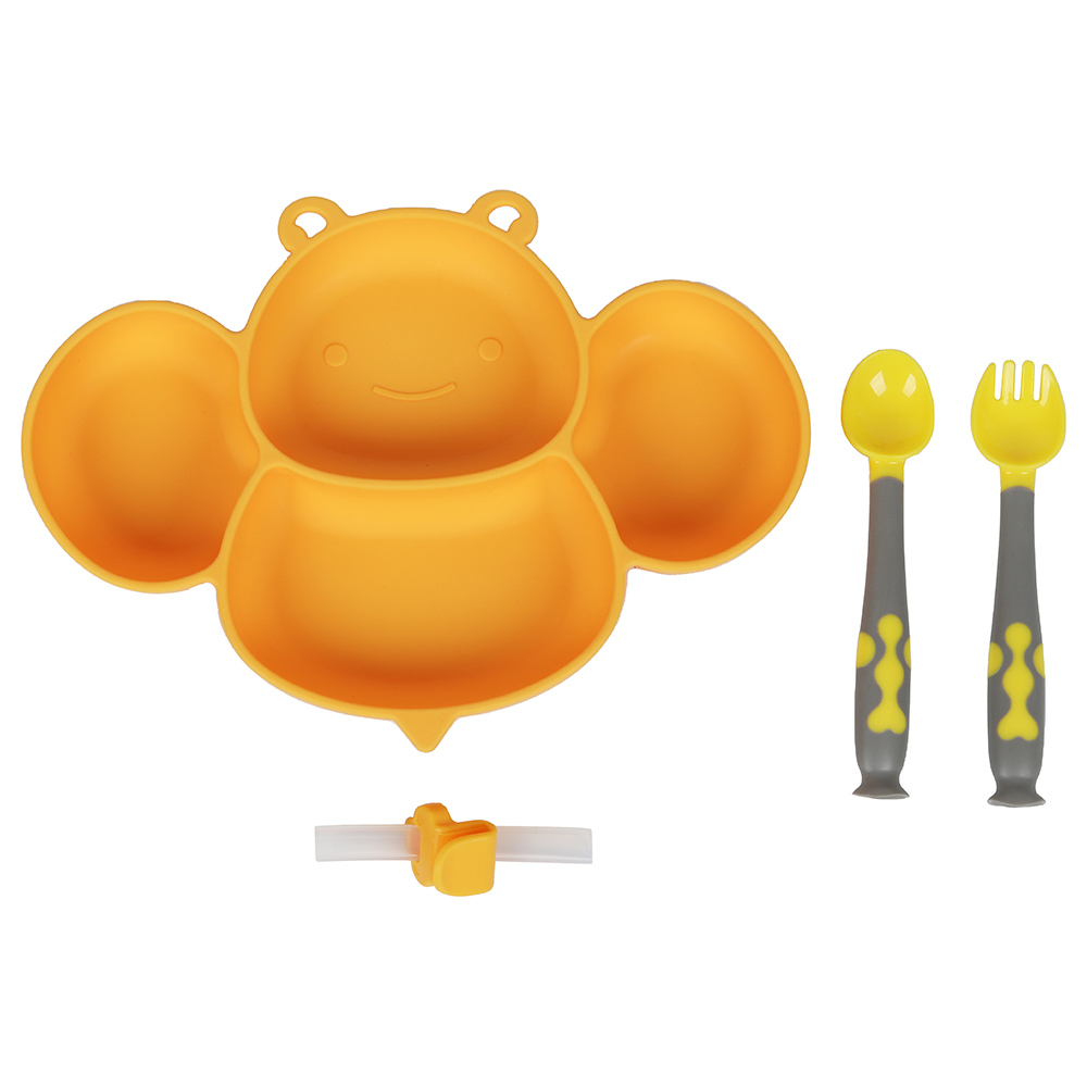 Little Angel Kids Silicone Bee Plate Bowl Spoon & Fork Yellow
