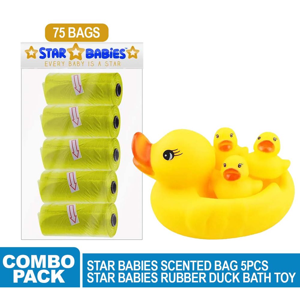 Star Babies - Disposable Scented Nappy Bag - 75pcs with Rubber Duck Toy - Yellow