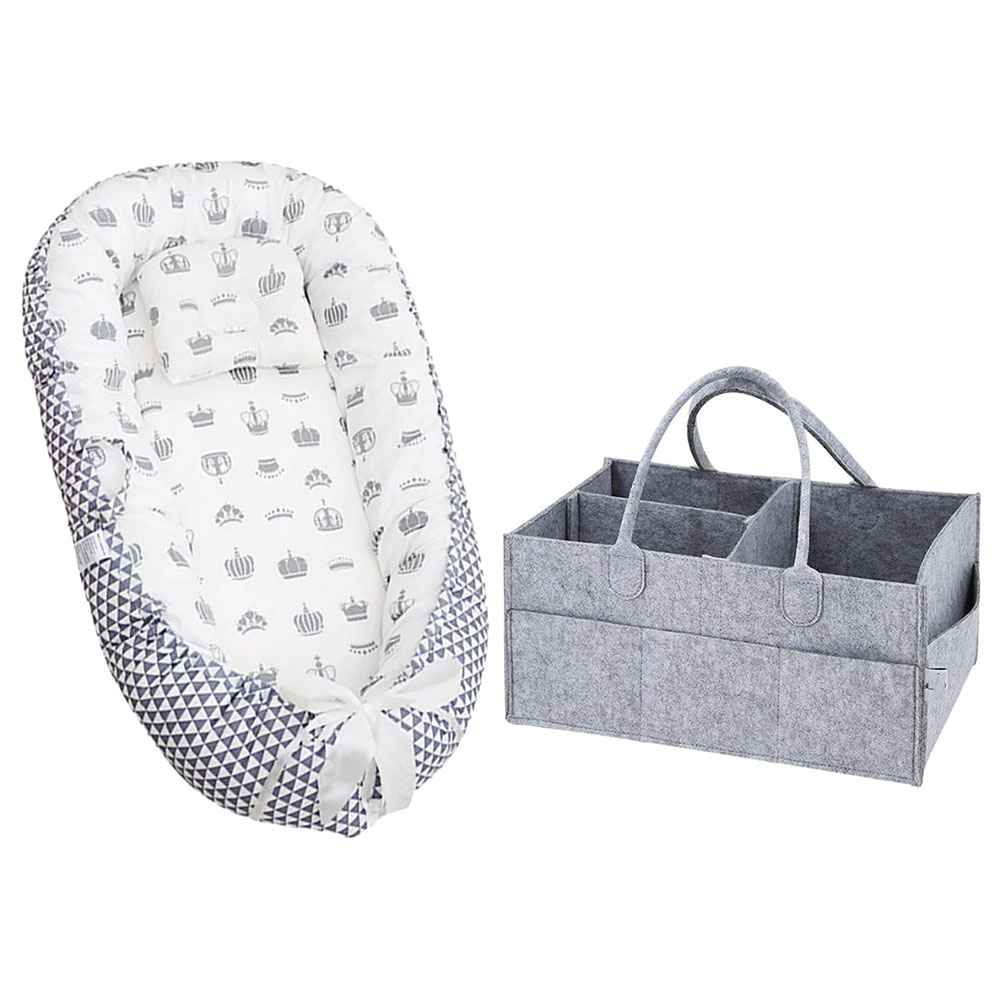 Star Babies Baby Bed Sleeping Pod - Black with Caddy Diaper Organizer - Grey