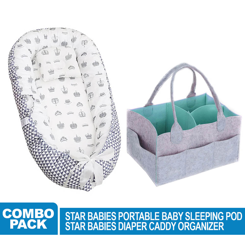 Star Babies - Baby Bed Sleeping Pod with Caddy Diaper Organizer - Green Grey