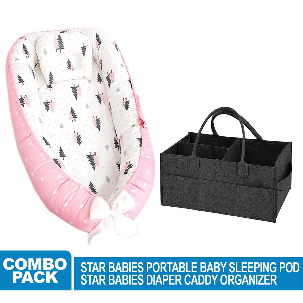 Star Babies - Baby Bed Sleeping Pod - Pink with Caddy Diaper Organizer - Black