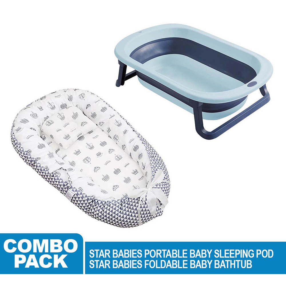 ستار بيبيز - مهد المواليد مع حوض استحمام قابل للطي - رمادي/أزرق