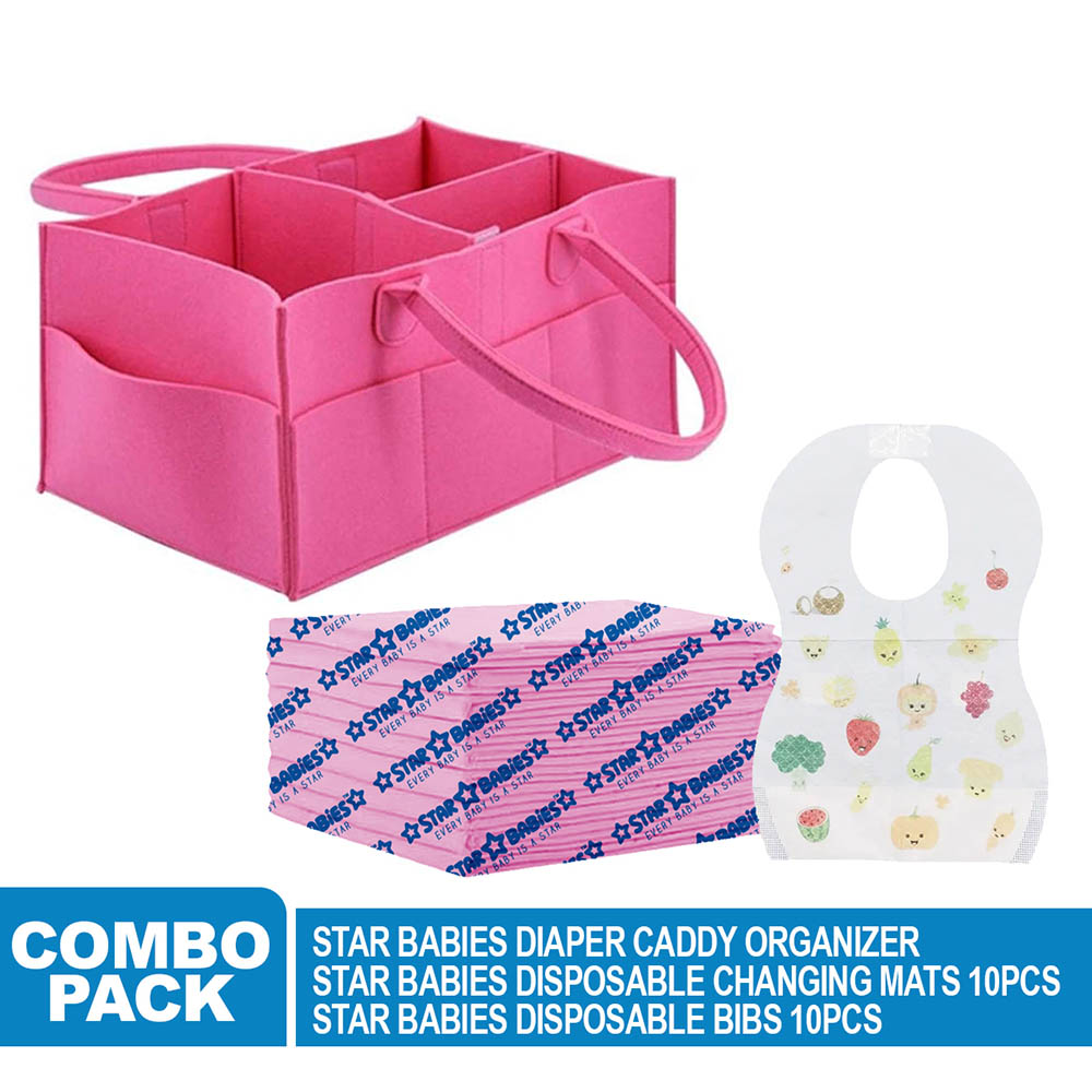 ستار بيبيز - منظم حفاضات - رمادي مع مراييل ذات استعمال لمرة واحدة - عدد 10 وحصيرة غيار - عدد 10 - زهري