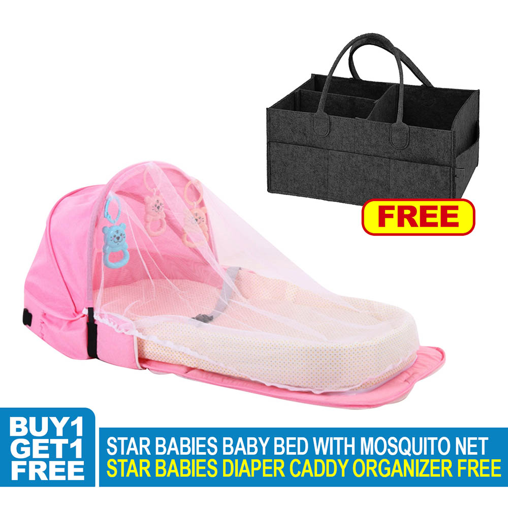 Star Babies - Baby Mosquito Bed Pink with Caddy Diaper Organizer - Black