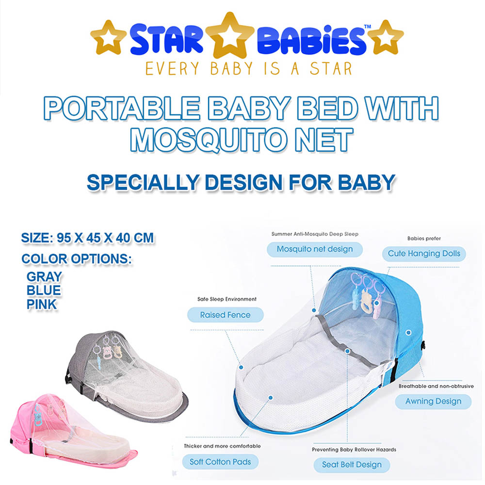 Star Babies - Baby Mosquito Bed Pink with Caddy Diaper Organizer - Black