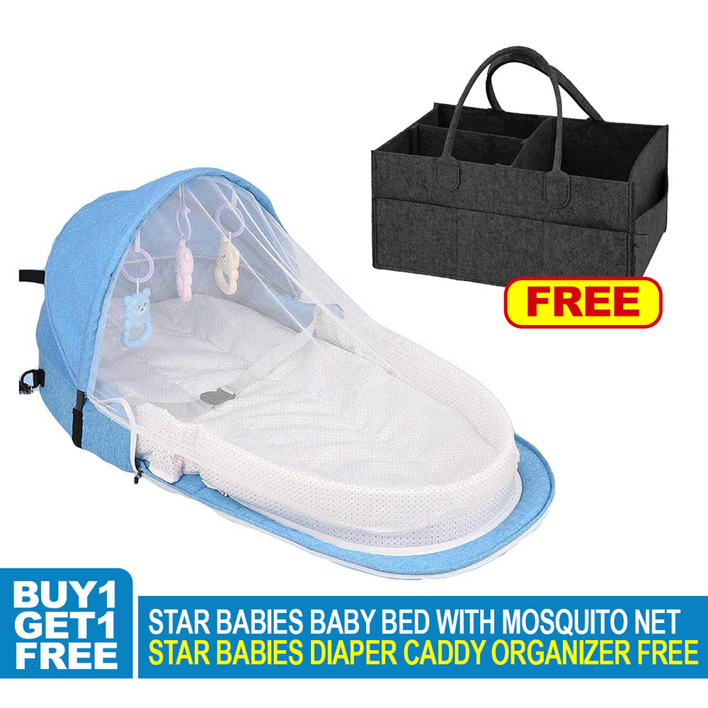 ستار بيبيز - سرير مواليد بناموسية - أزرق مع منظم حفاضات - أسود