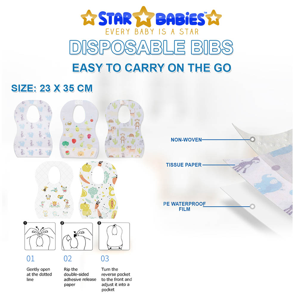 Star Babies - Disposable Bibs Fruits Print 5pcs With Scented Bag 2pcs & Dispenser - Grey