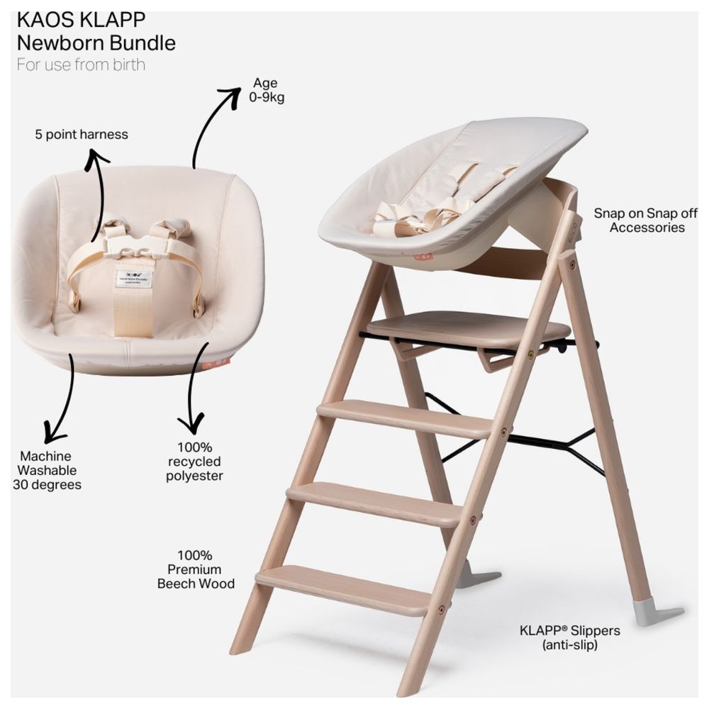 Kaos - Klapp Beech Wood High Chair With Newborn Seat Set - Natural