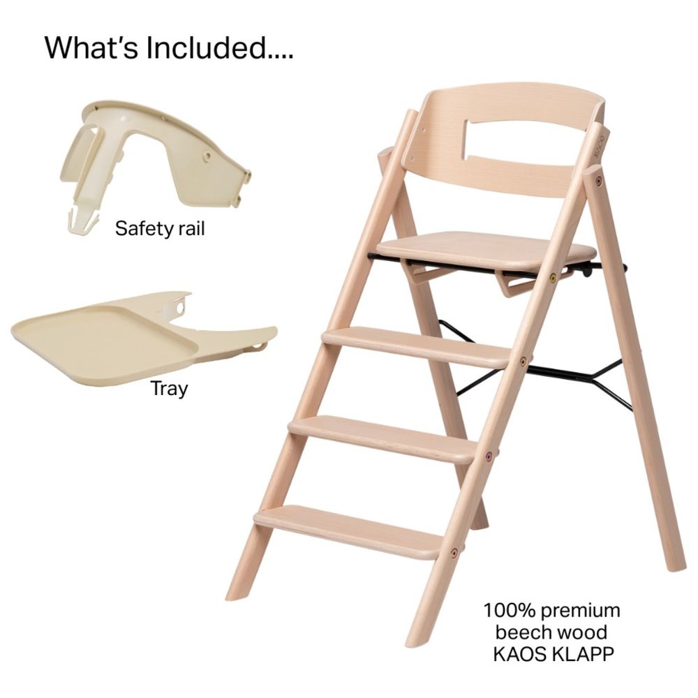 Kaos Klapp High Chair With Safety Rail & Food Tray Beech Wood