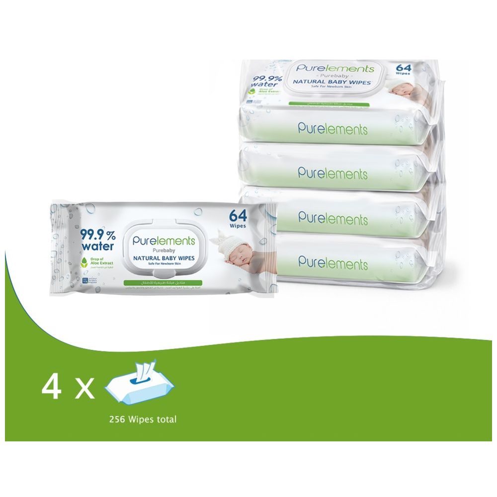 Purelements - Aloe Vera 99.9% Water Wipes for Sensitive Skin Pack Of 4 - 256 Wipes