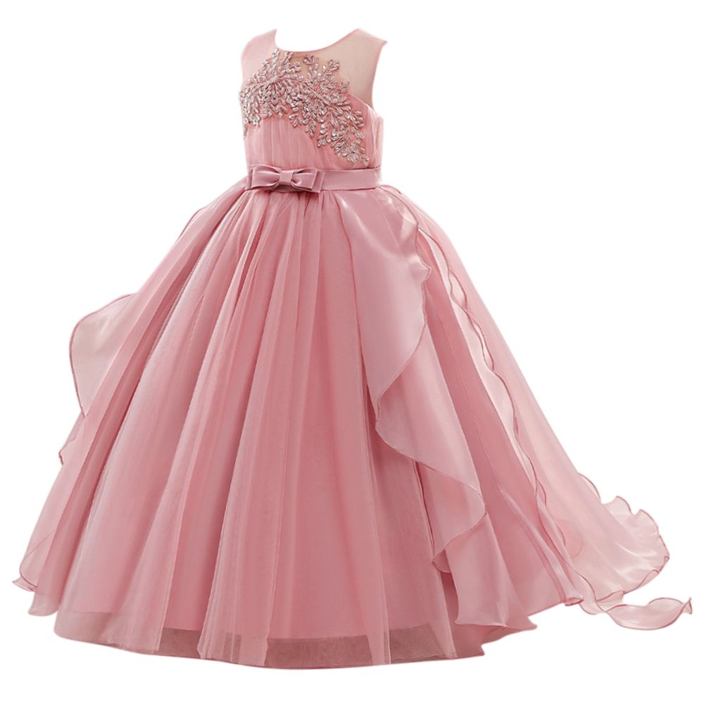 Sugar Rush - Leaves Applique Sleeveless Party Dress - Pink
