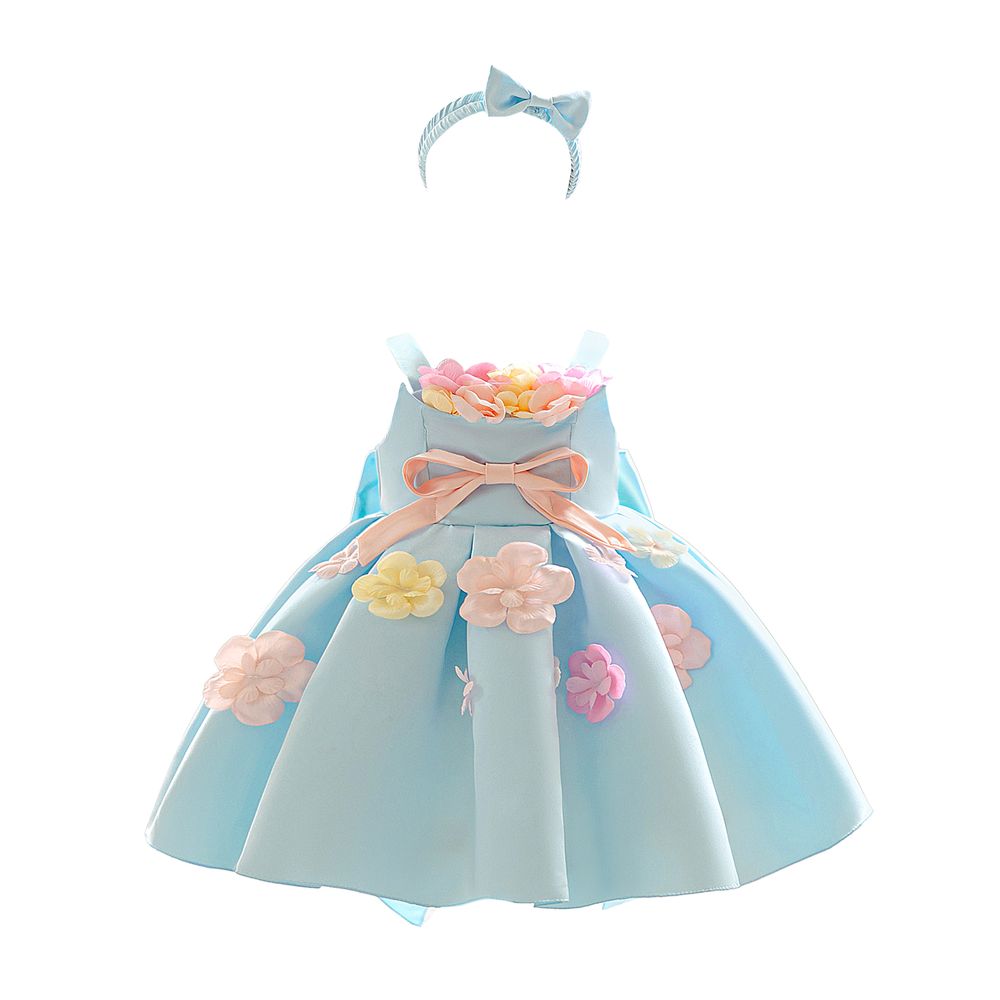 شوغر راش طقم قطعتين - فستان حفلات برقبة مربعة مع طوق شعر للبنات - أزرق