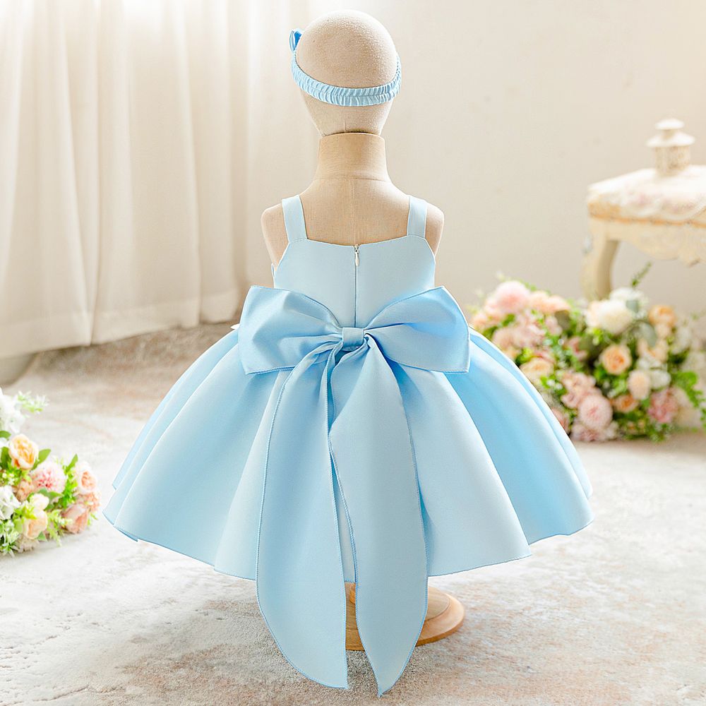 شوغر راش طقم قطعتين - فستان حفلات برقبة مربعة مع طوق شعر للبنات - أزرق