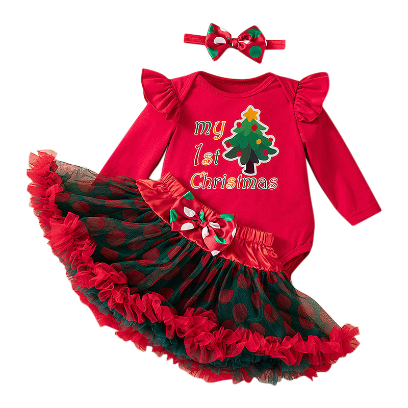 شوغر راش - طقم 3 قطع - أفرول أول كريسماس مع تنورة وربطة شعر للبنات- أحمر