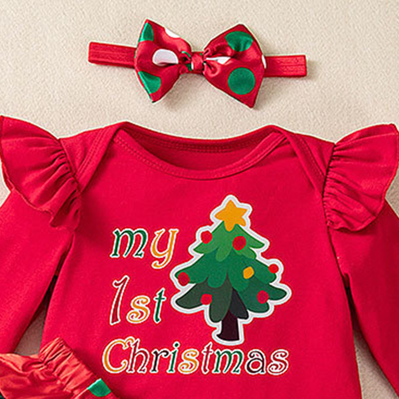 شوغر راش - طقم 3 قطع - أفرول أول كريسماس مع تنورة وربطة شعر للبنات- أحمر