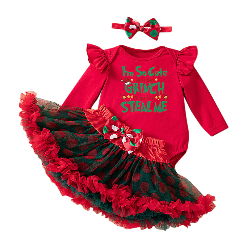 شوغر راش - طقم 3 قطع - أفرول كريسماس مع تنورة وربطة شعر للبنات - أحمر