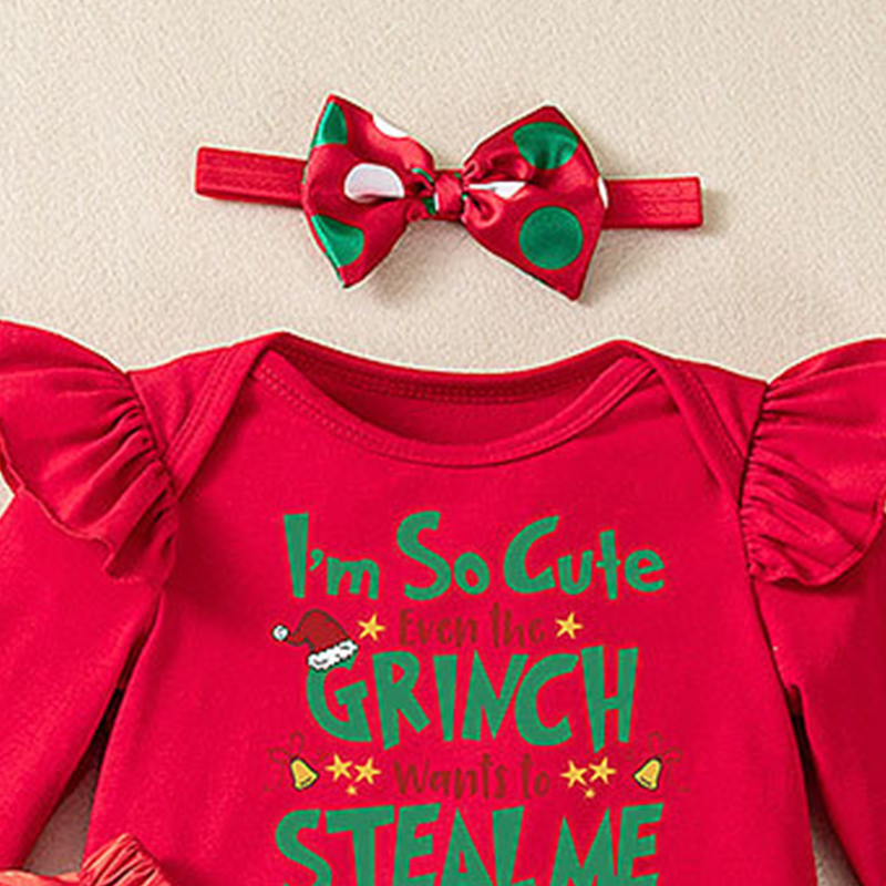 شوغر راش - طقم 3 قطع - أفرول كريسماس مع تنورة وربطة شعر للبنات - أحمر