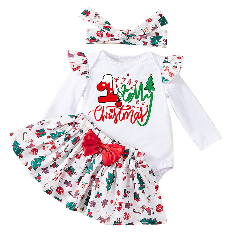 شوغر راش - طقم 3 قطع - أفرول أول كريسماس مع تنورة وربطة شعر للبنات - أبيض وأخضر وأحمر