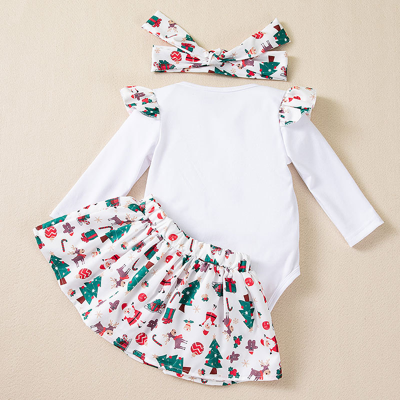 شوغر راش - طقم 3 قطع - أفرول أول كريسماس مع تنورة وربطة شعر للبنات - أبيض وأخضر وأحمر