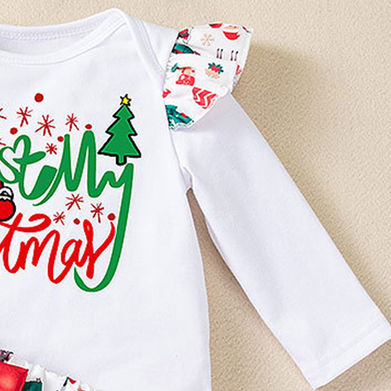 شوغر راش - طقم 3 قطع - أفرول أول كريسماس مع تنورة وربطة شعر للبنات - أبيض وأخضر وأحمر