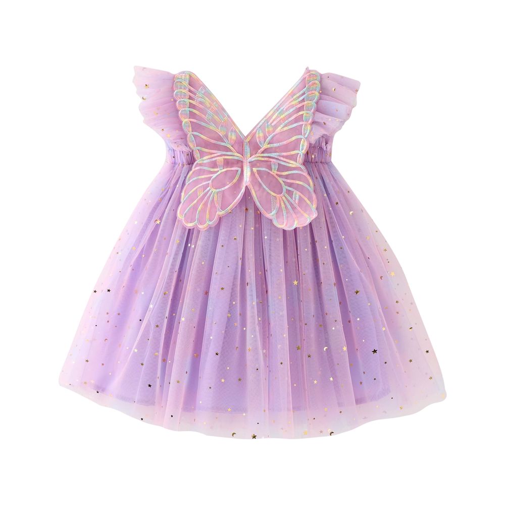 شوغر راش - فستان بأكمام قصيرة مزين بالتطريز للبنات - بنفسجي