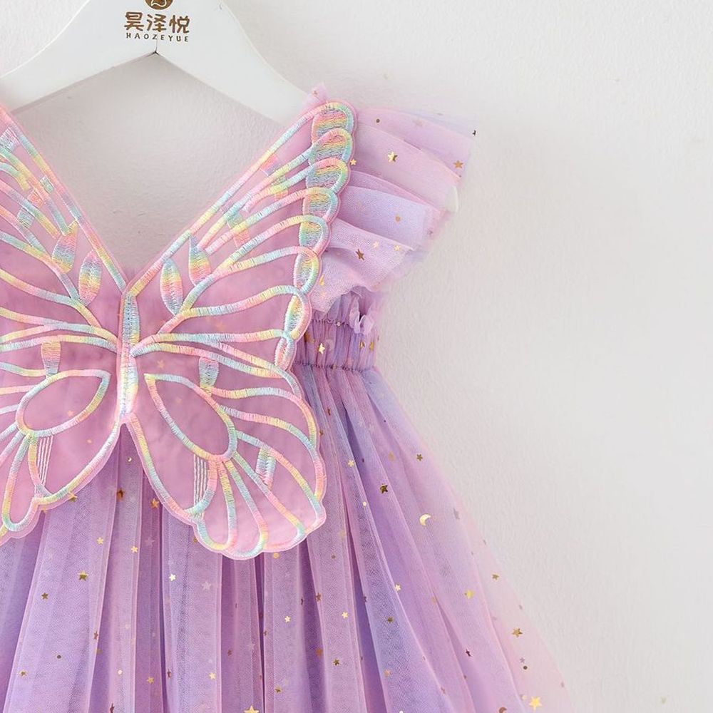 شوغر راش - فستان بأكمام قصيرة مزين بالتطريز للبنات - بنفسجي