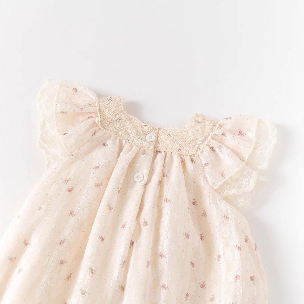 شوغر راش - فستان كاجوال دانتيل عادي بياقة مربعة وأكمام قصيرة - زهري