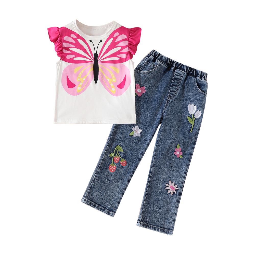 Sugar Rush - 2pc-Set - Girls' Embroidered Round Neck Top & Pants - Multicolor