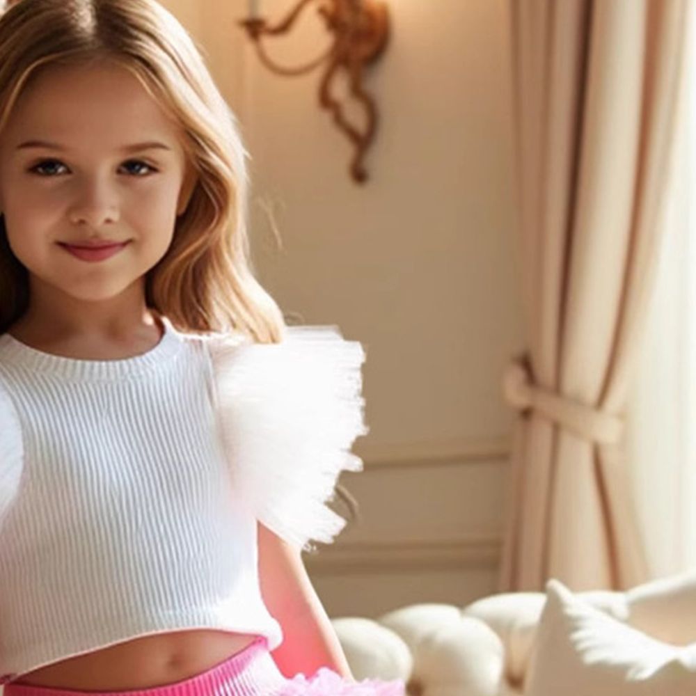 شوغر راش - طقم قطعتين - بلوزة سادة بأكمام قصيرة مع تنورة للبنات - أبيض وفوشيا