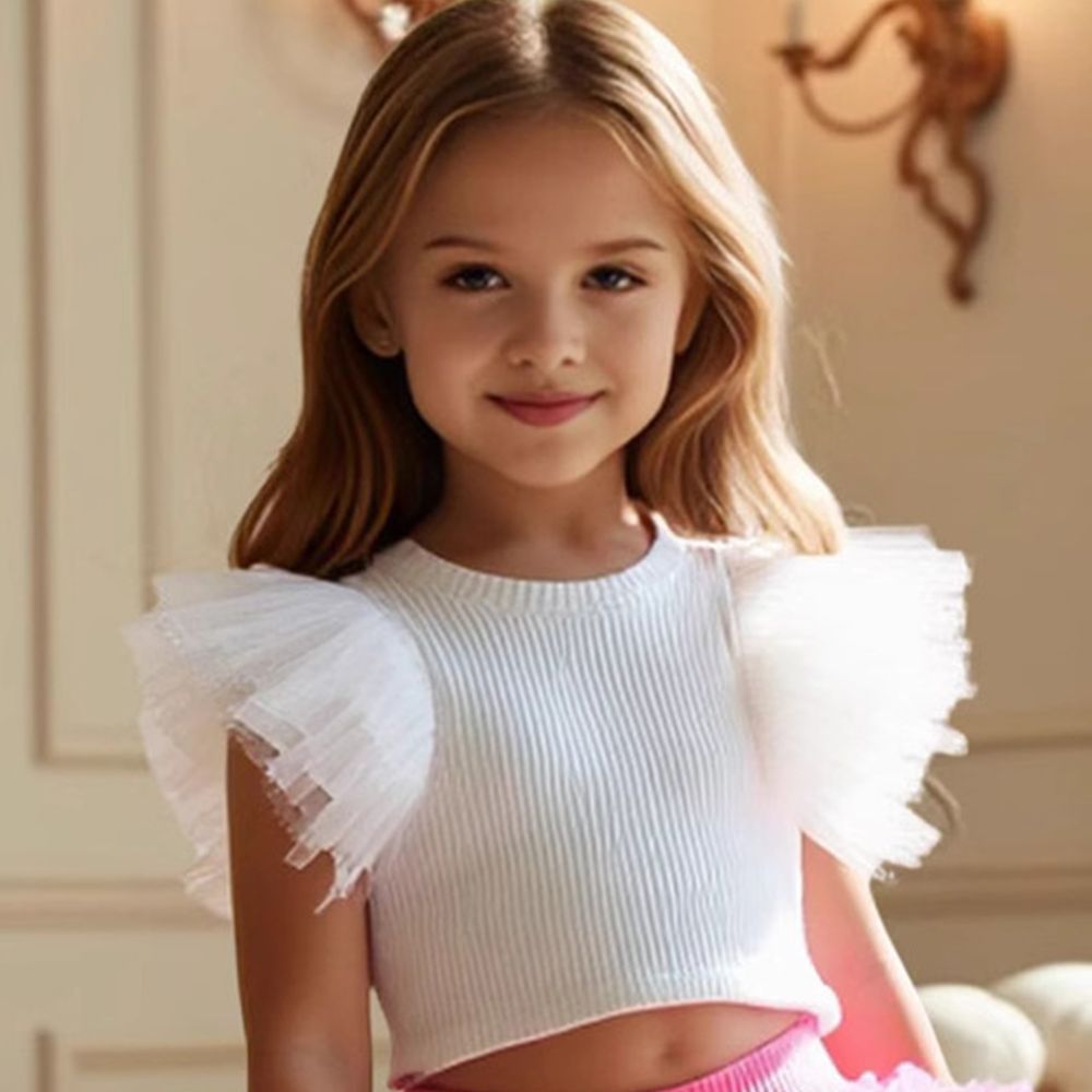 شوغر راش - طقم قطعتين - بلوزة سادة بأكمام قصيرة مع تنورة للبنات - أبيض وفوشيا