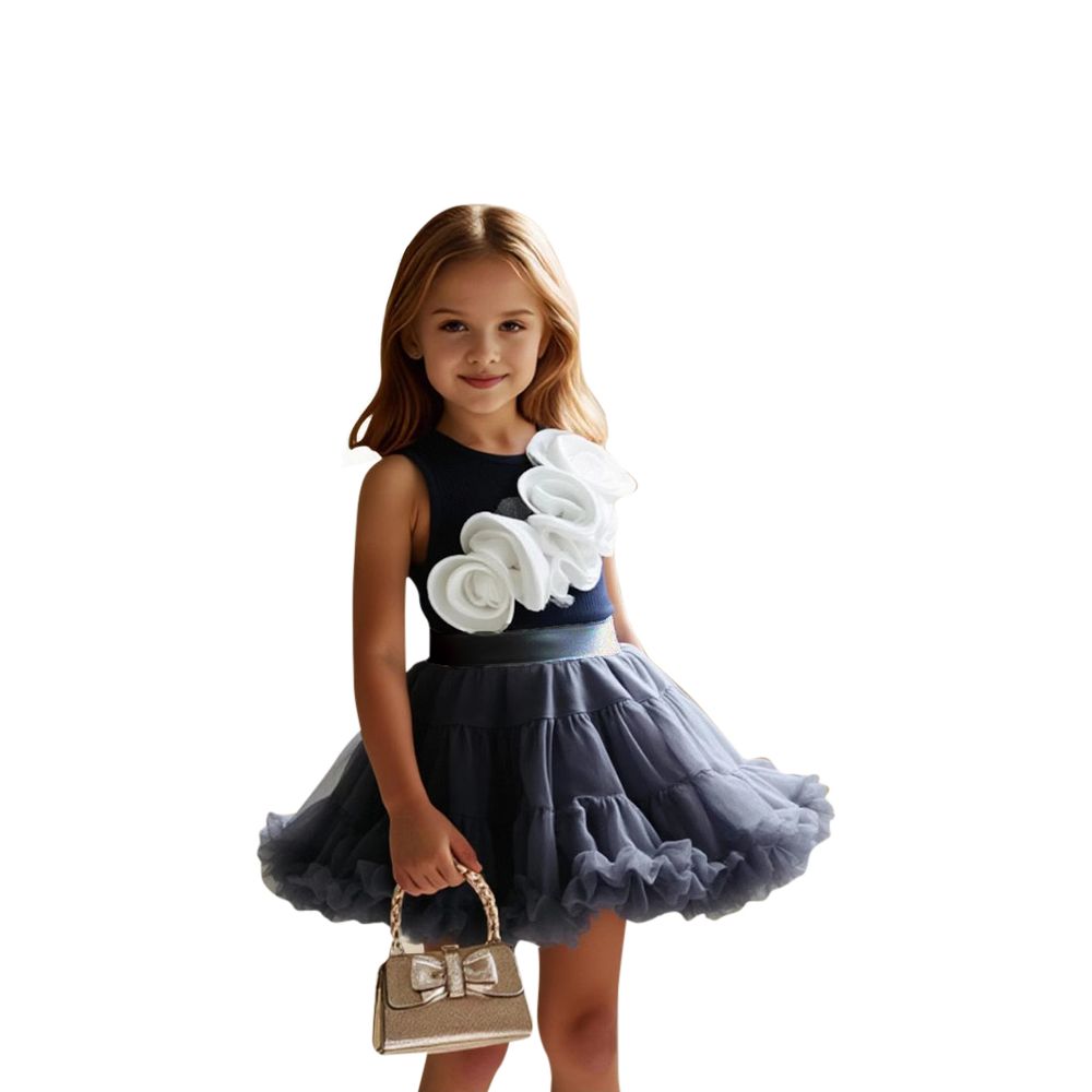 شوغر راش - طقم قطعتين - بلوزة بدون أكمام مع تنورة للبنات - أزرق ورمادي