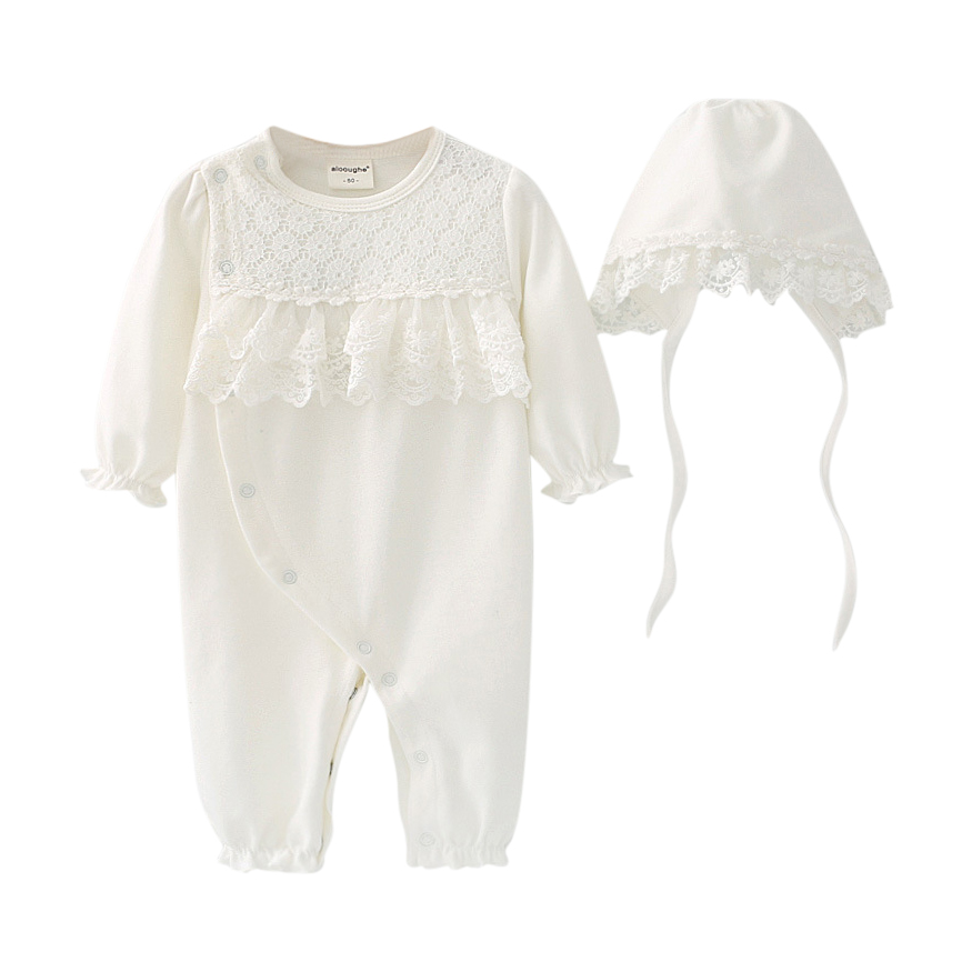 Sugar Rush - 2pc-Set - Baby Girls' Laced Full Sleeves Romper & Cap - White
