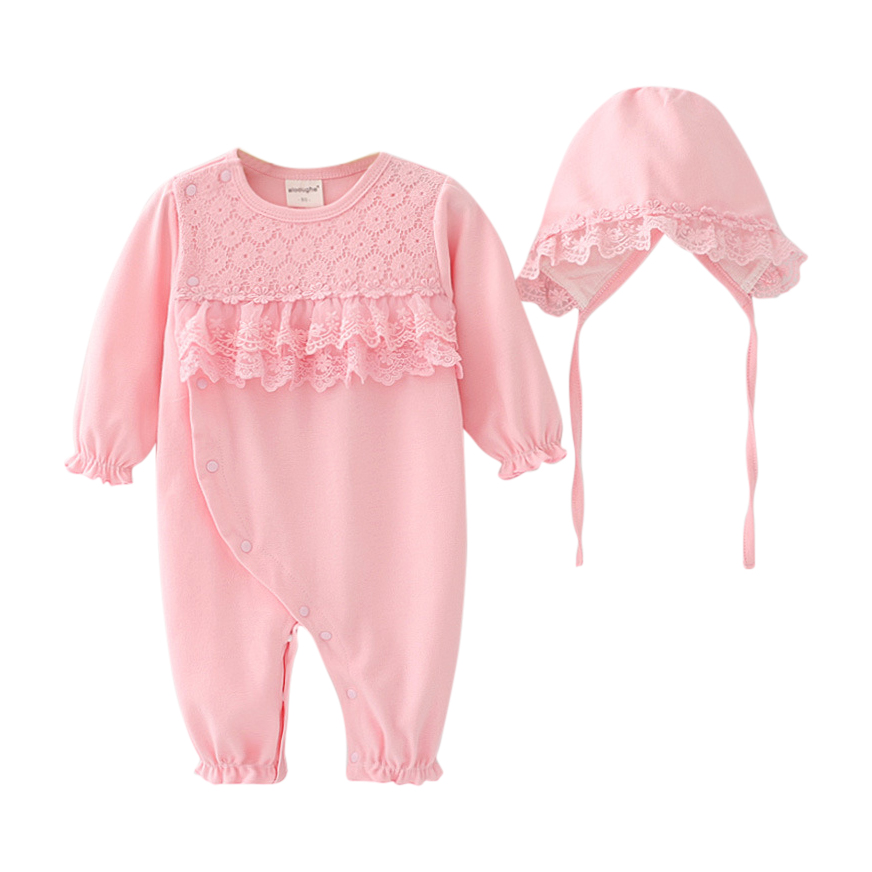Sugar Rush - 2pc-Set - Baby Girls' Laced Full Sleeves Romper & Cap - Pink