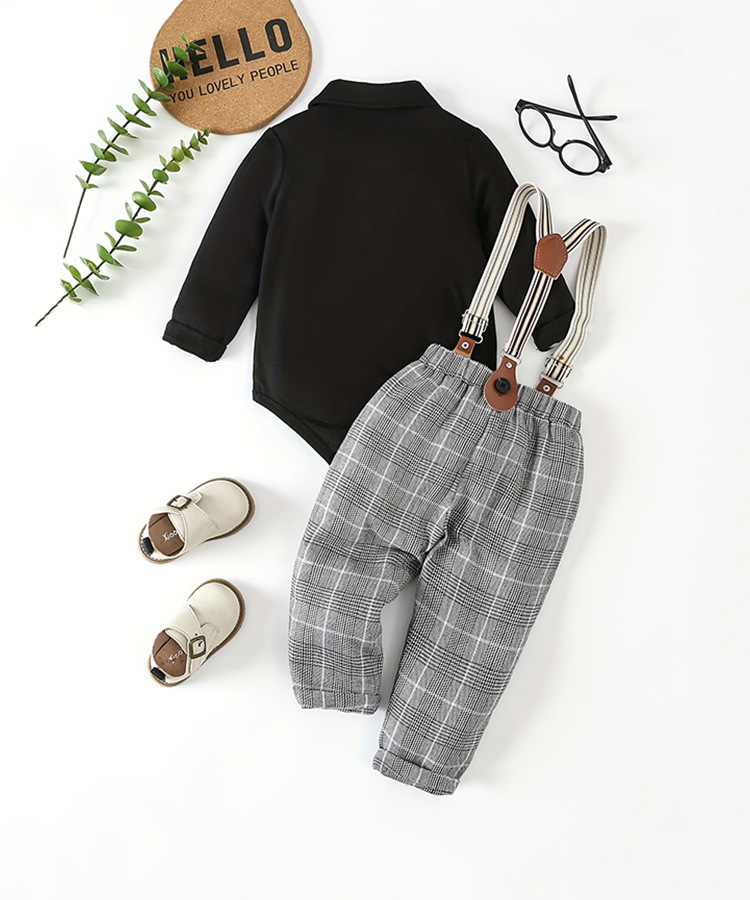 Sugar Rush - 4pc-Set - Baby Boy's Full Sleeves Romper, Checked Pants, Bow Tie & Belt - Black/Grey