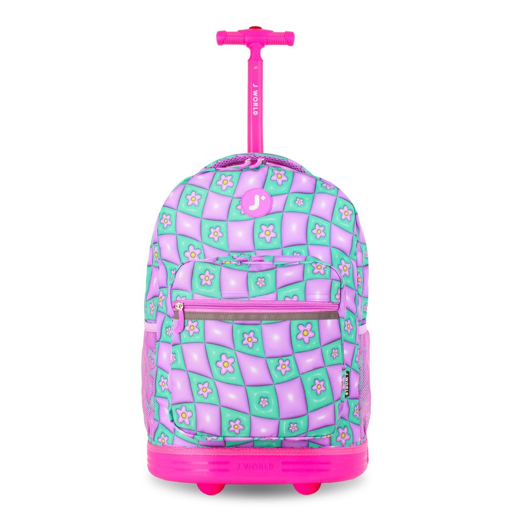شنطة ظهر للأطفال بعجلات من J World - نيويورك صن رايز - زهرة منتفخة - 18 إنش
