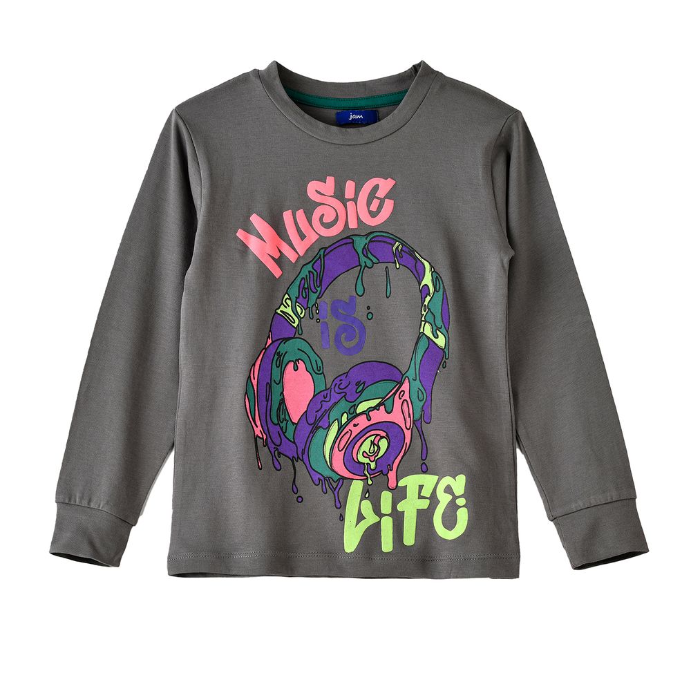 جام - تي شيرت ولادي مطبوع - ميوزيك إز لايف - رمادي