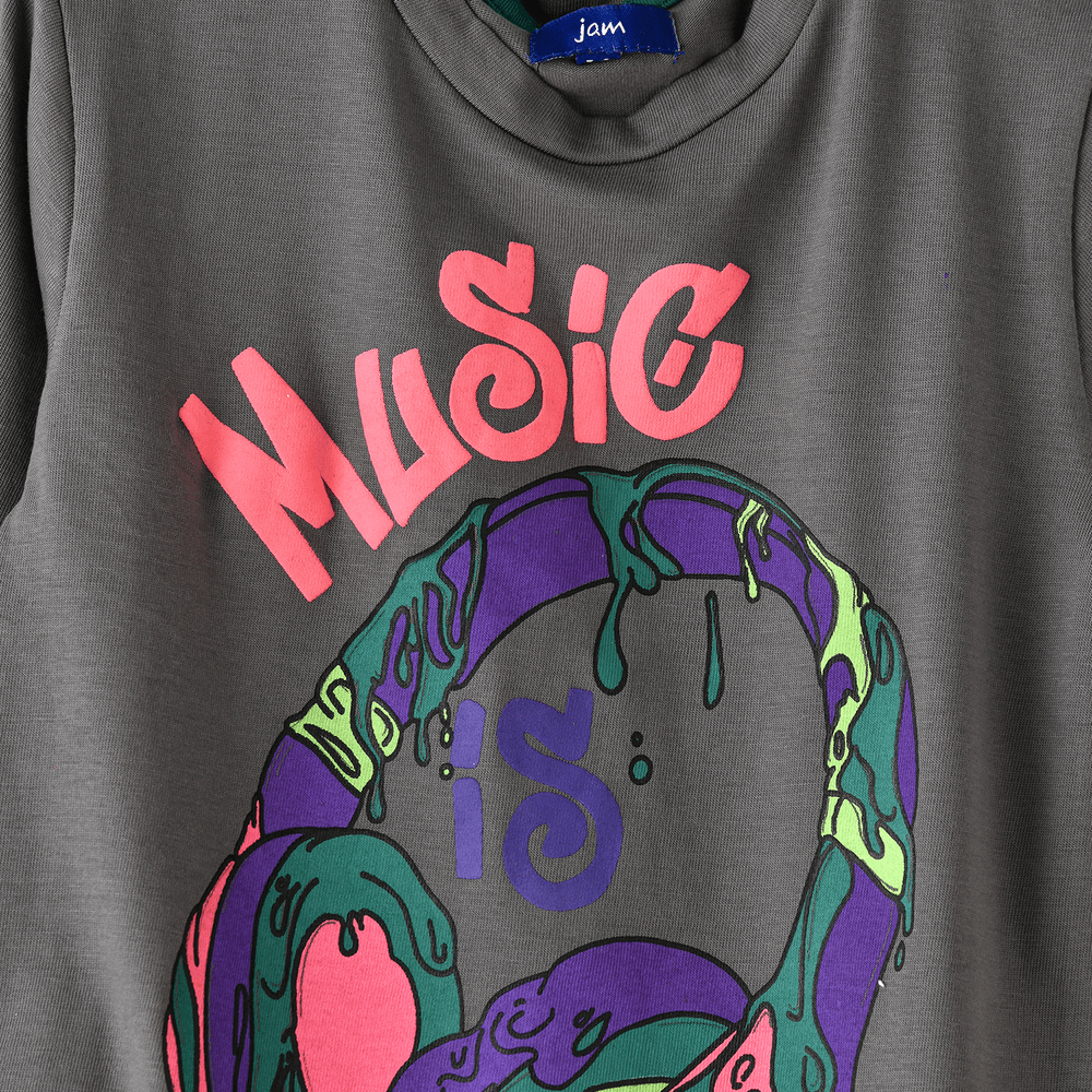 جام - تي شيرت ولادي مطبوع - ميوزيك إز لايف - رمادي