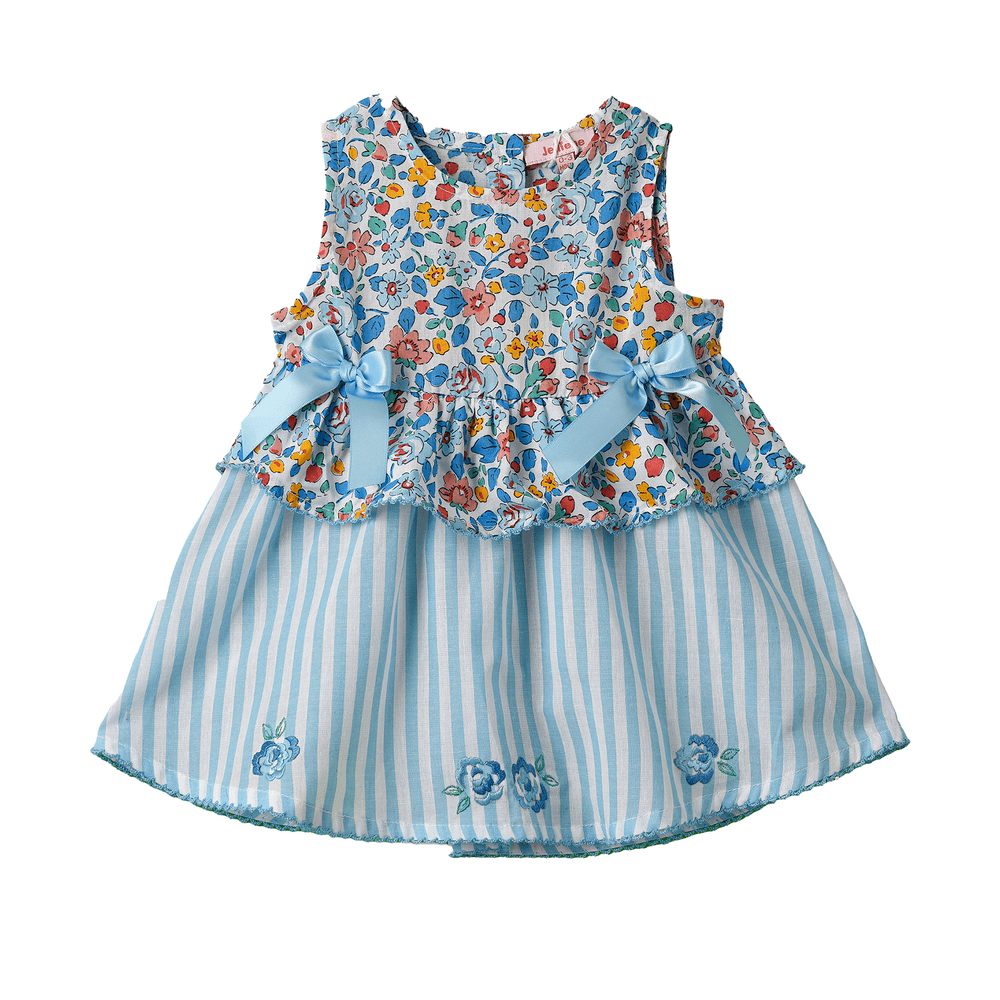 جيلين - فستان قطني متعدد الطبقات مورد ومخطط للبنات - أزرق