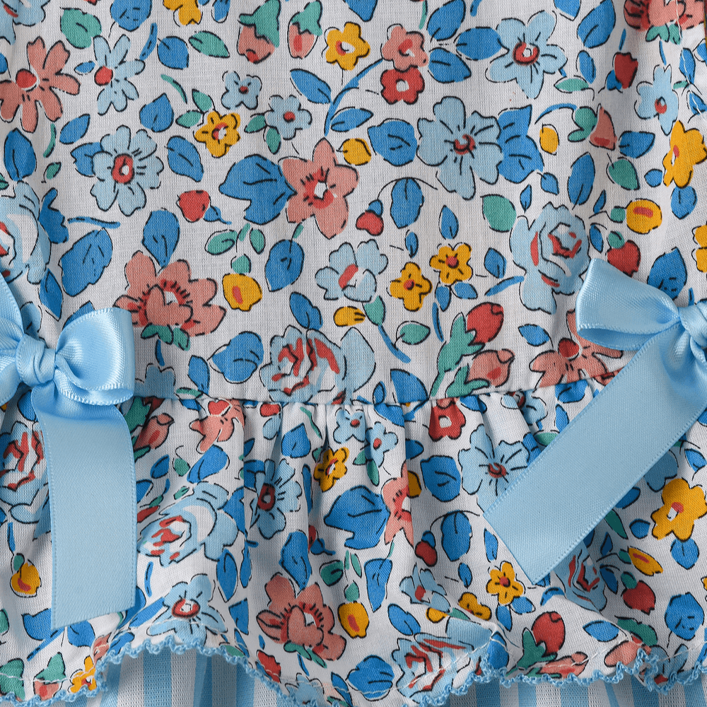 جيلين - فستان قطني متعدد الطبقات مورد ومخطط للبنات - أزرق