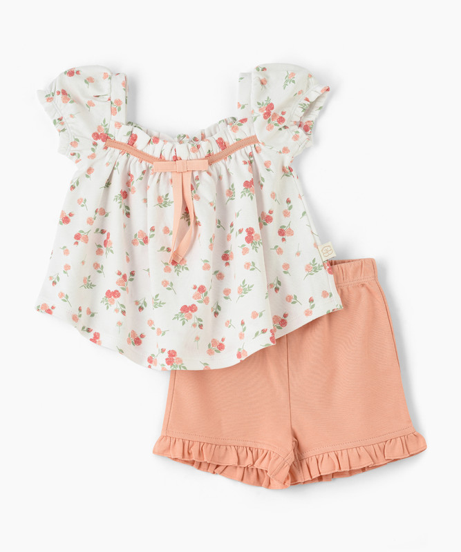 Elegant Kids - 2pc-Set - Flower Print Newborn Girl's Top & Bottom Set - White/Peach