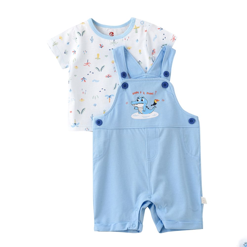 Elegant Kids - Boys' Cotton Romper & Printed T-Shirt Set - Light Blue