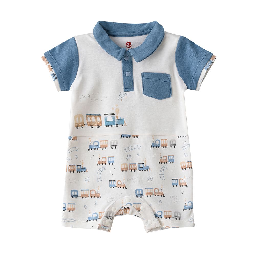 Elegant Kids - Boys' Choo Choo Train Printed Cotton Romper With Polo Collar - White