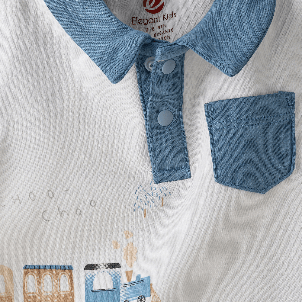 Elegant Kids - Boys' Choo Choo Train Printed Cotton Romper With Polo Collar - White