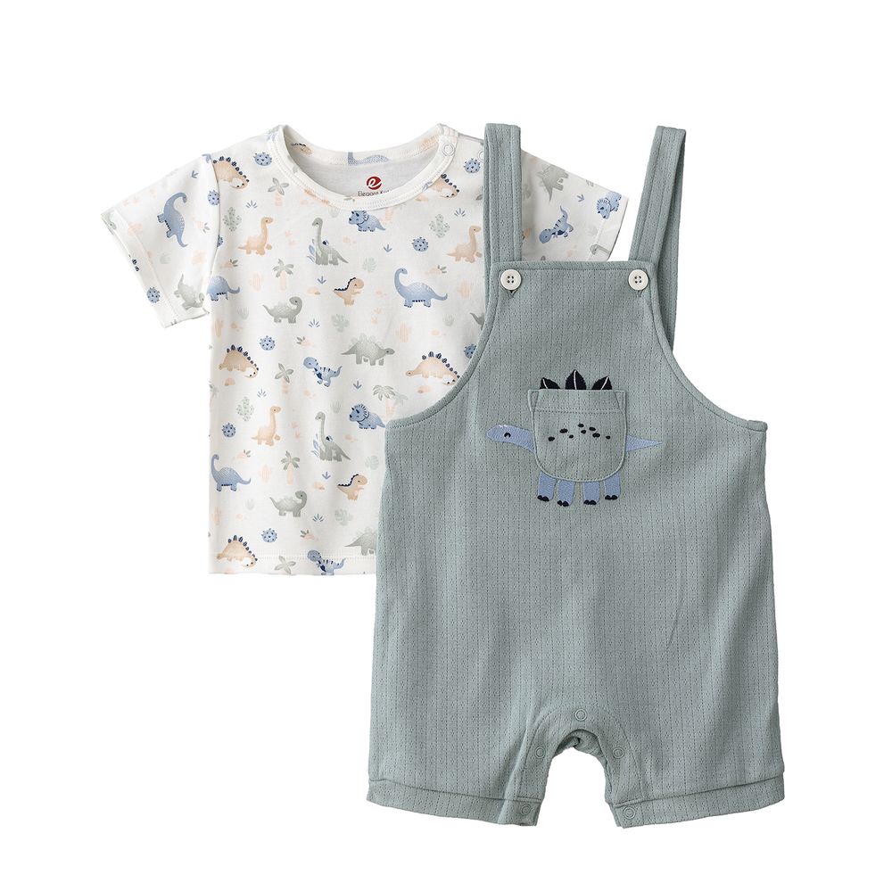 إليجانت كيدز - طقم تي شيرت بطبعة ديناصور وأفرول مطرز باللون الأخضر للأولاد - أخضر