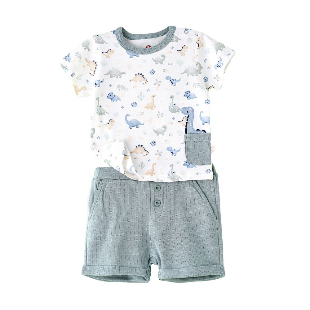 Elegant Kids - Boys' Dinosaur Print Cotton T-Shirt & Textured Green Shorts Set - Green