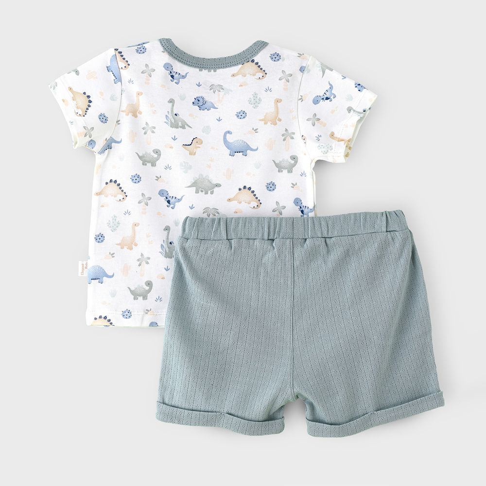 Elegant Kids - Boys' Dinosaur Print Cotton T-Shirt & Textured Green Shorts Set - Green