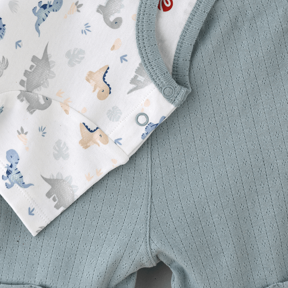 Elegant Kids - Boys' Dinosaur Print Cotton T-Shirt & Textured Green Shorts Set - Green