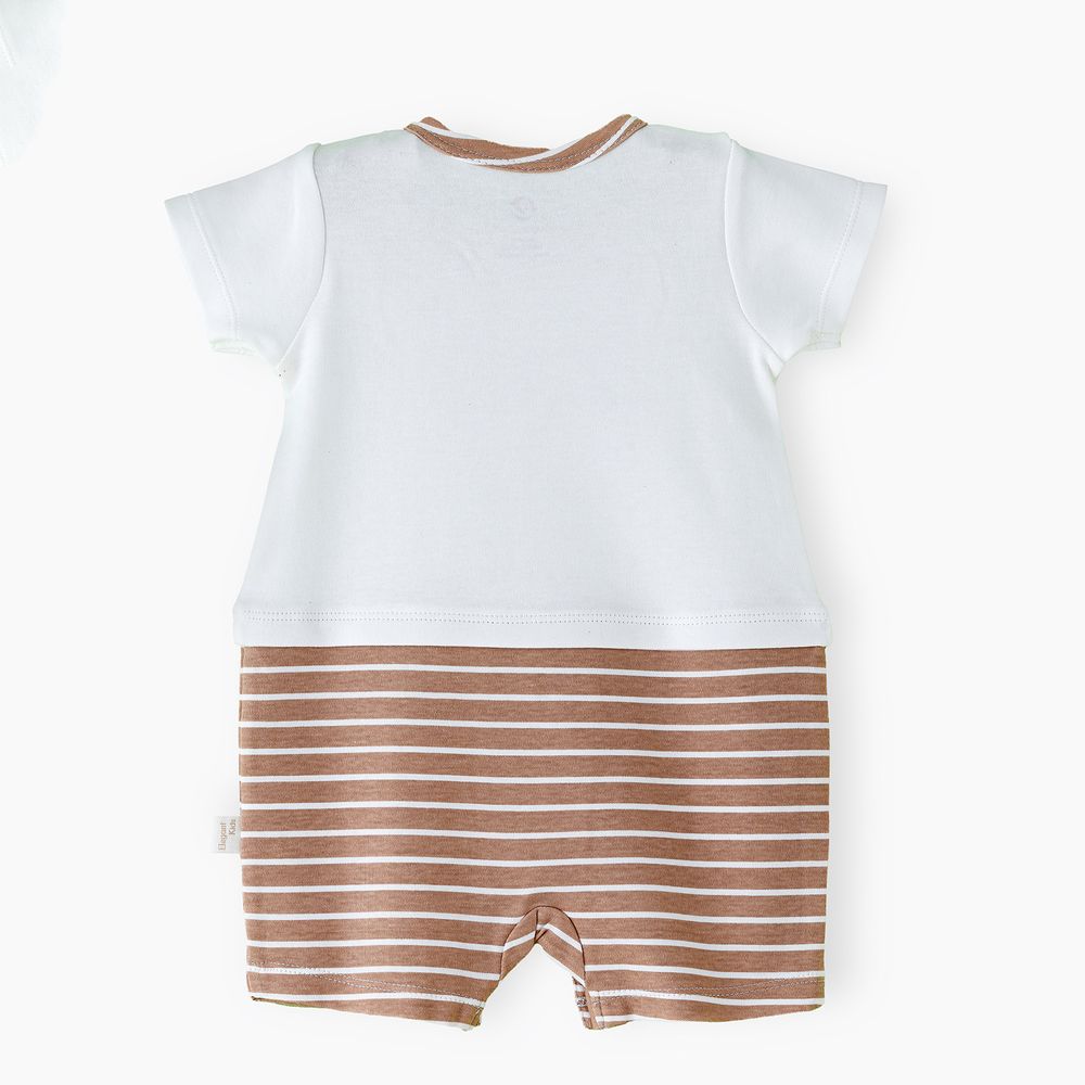 Elegant Kids - Boys' Bear Face Striped Cotton Romper With 3D Ears - Brown
